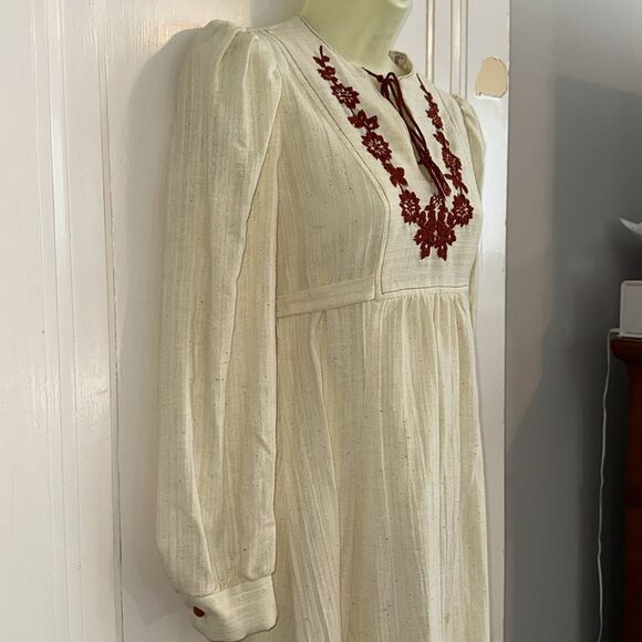 Vintage 70s Trolley Car Brand Boho Cream Maxi Dress with Red Floral Embroidery - Picture 4 of 11